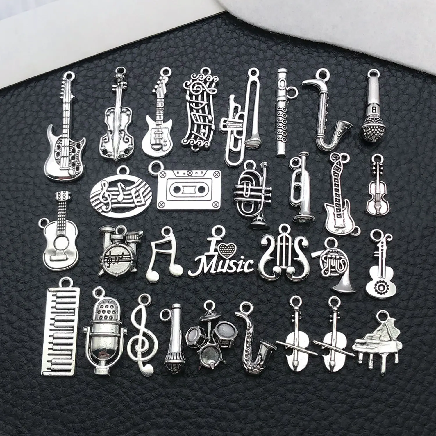10psc Vintage Silver Music Instrument DIY Charms Cello Drum Trumpet Microphone Guitar Pendants for Bracelet Jewelry Making