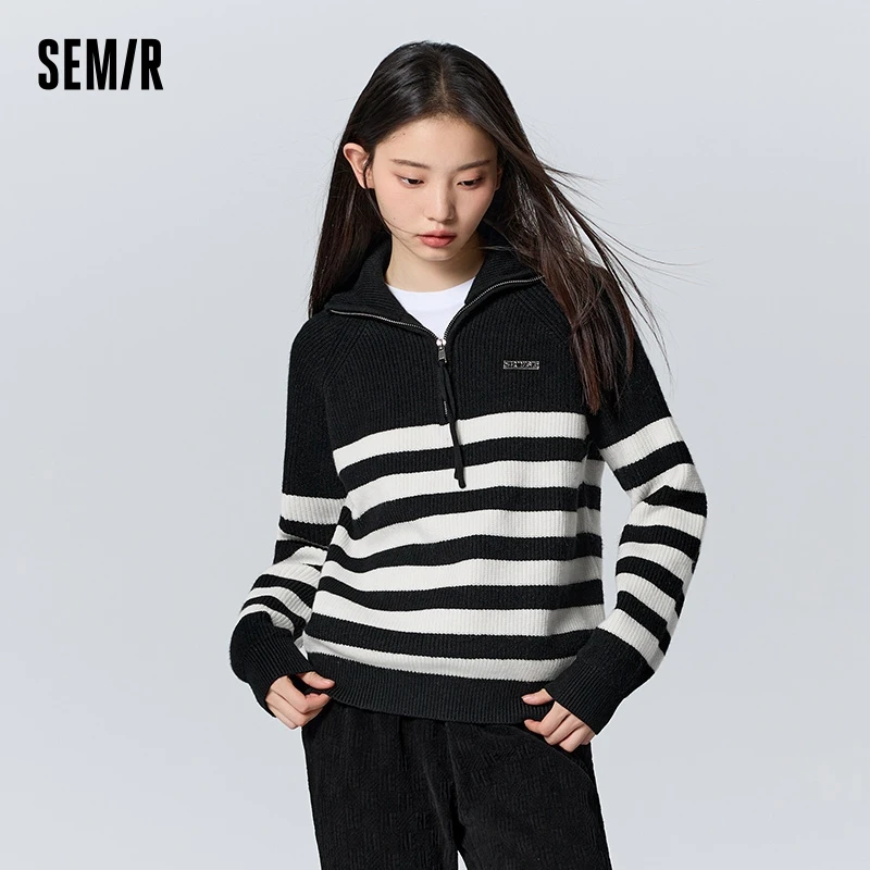 Semir Sweater Women Striped Raglan Sleeves Loose Temperament Commuting Winter Casual Style Bottoming Shirt