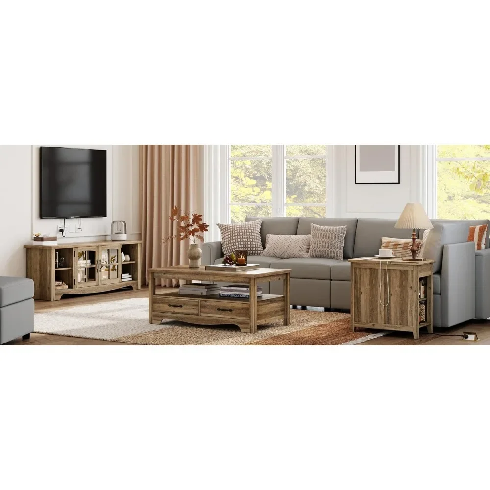 Living Room Table Sets 4 Piece with TV Stand,Stand for 65 Inch TV,Coffee Table with Drawers, Two End Table with Charging Station