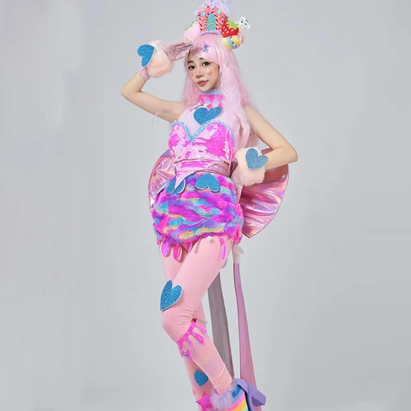 Trajes de baile Gogo bonitos para mujer, traje de fiesta rosa para Festival, ropa de Cosplay Rave, ropa para discoteca, ropa para el escenario XS6931