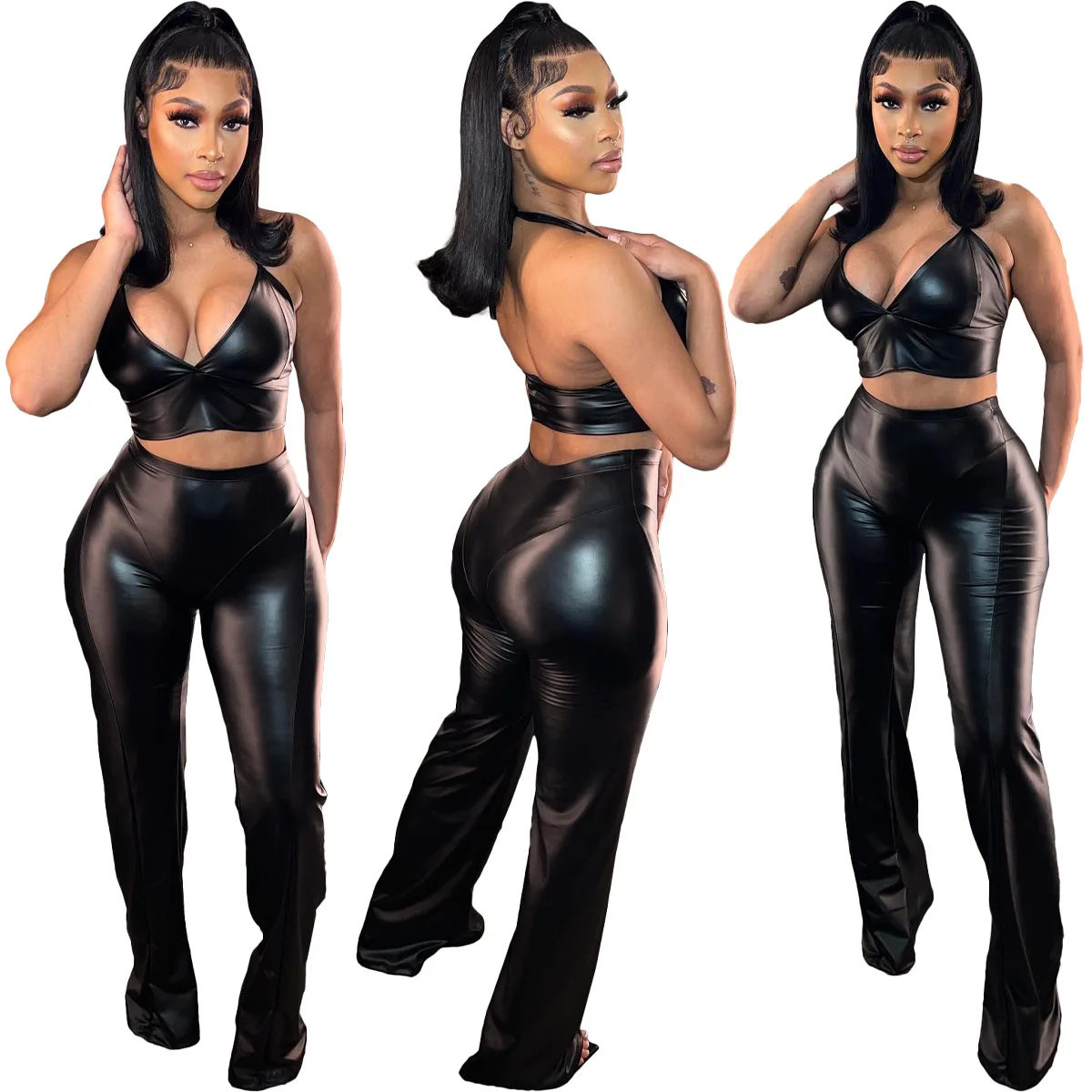 Imagem -05 - Sexy Leather pu Preço Pant Conjunto Outfits Calças Longas Pretas 2023 Mulheres Roupas de Verão Elegante Luxo Colheita Tops Two Preço Sets