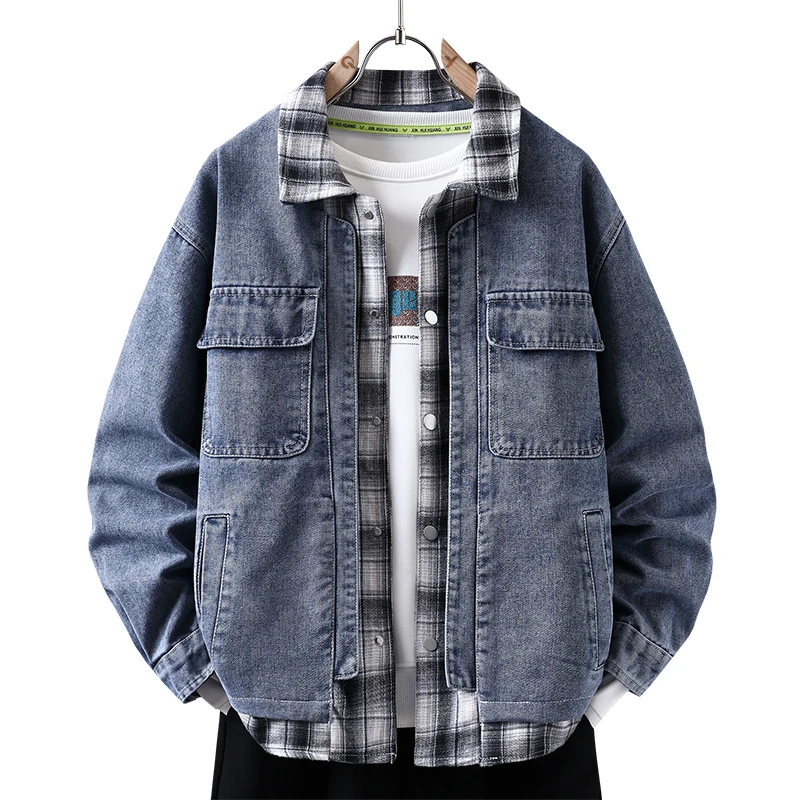 

Мужская модная джинсовая куртка весна-осень из смесового хлопка, имитация двухслойной джинсовой куртки, свободный крой, утилитарная рабочая одежда для повседневной носки