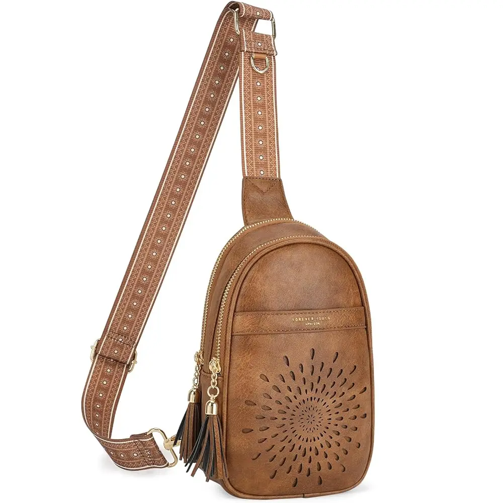 Small Sling Bag Fanny Packs Cell Phone Purse Vegan Leather Crossbody Bags for Women Chest Bag with Adjustable Strap BROWN