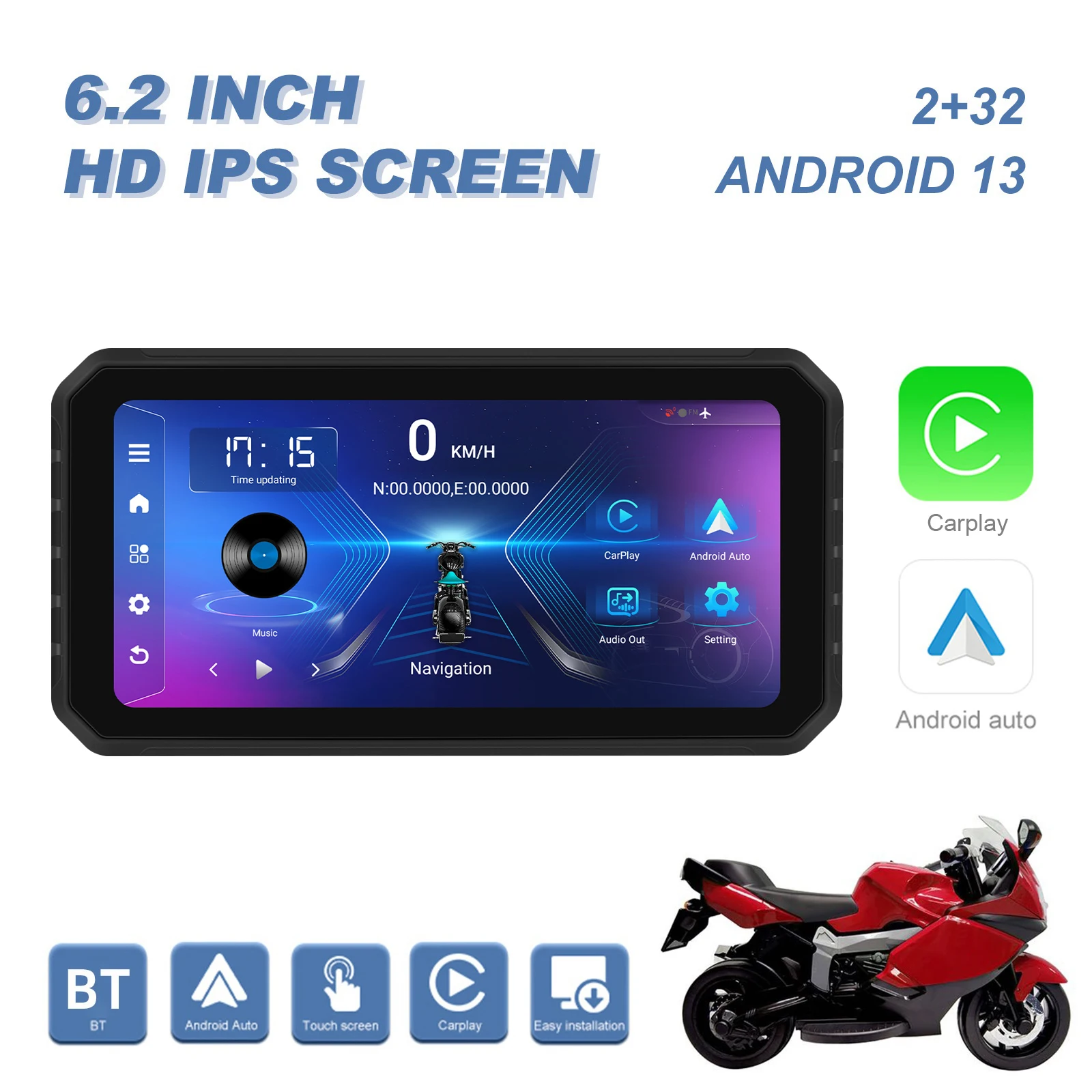 

Motorcycle Navigator 2G+32G 6.2 Inch 800Nit Screen Android 13.0 Support Wireless Carplay Waterproof Dual Bluetooth Mirror Link