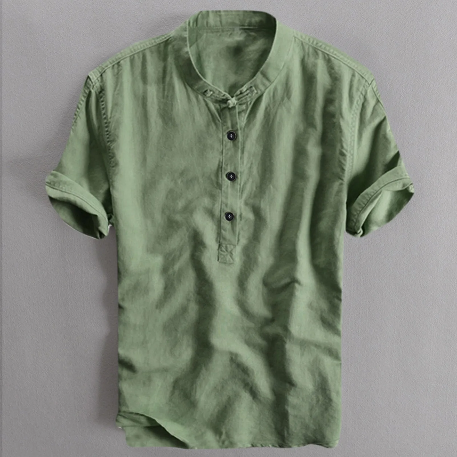 Henley-camisa de lino y algodón para hombre, camisa fresca y fina, transpirable, con cuello alto y botones, ropa de playa hawaiana