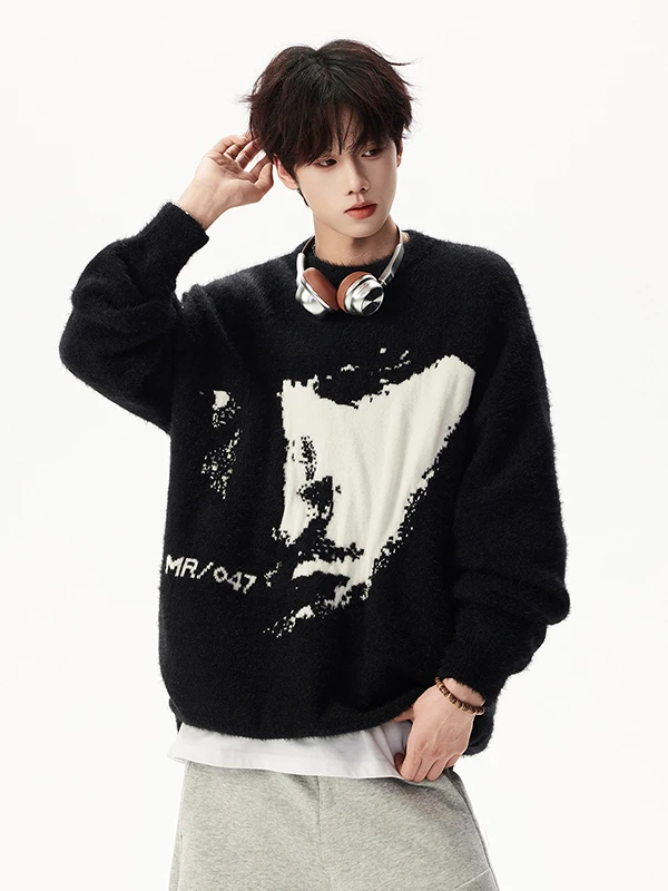 2025 Spring and Autumn Men's High-end Jacquard Design Loose Casual Fashion Black Crew Neck Long Sleeve Knit Sweater