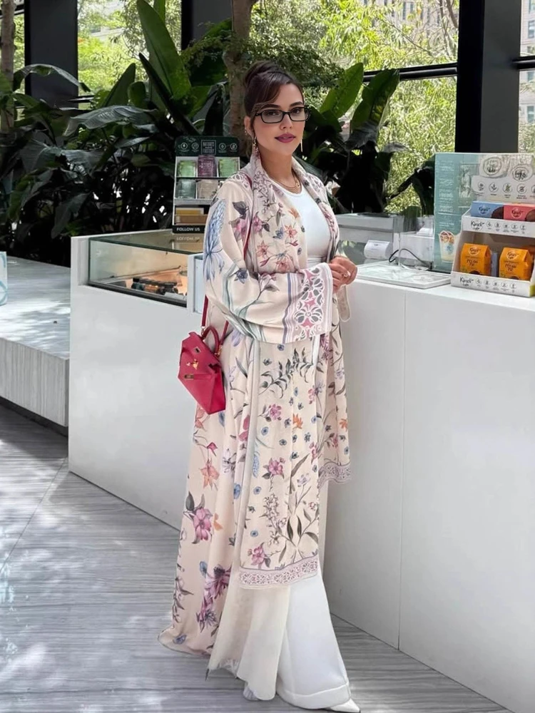 

Muslim Women Dubai Abaya Luxury Floral Print Kimono Cardigan Hijab Long Dress Kaftan Ramadan Robe Femme Islam Clothing