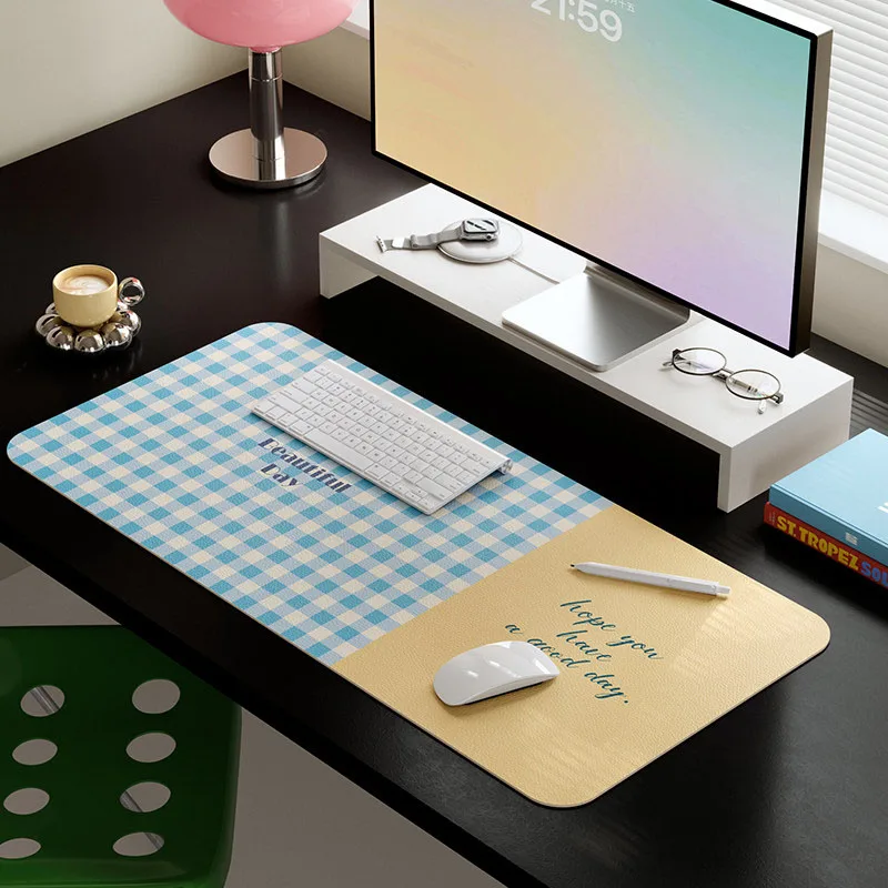 Sweet Candy Grid Splicing INS Korean Girl Leather Desk Pad Protector Y2K Mouse Pad Office Desk Mat Non-Slip PU Desk Blotter Pad