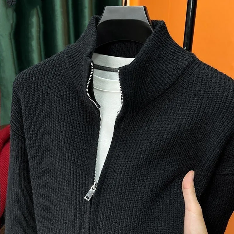 Autumn Winter Leisrue Zipper Knitted  Unisex Casual Crew Neck Sweater Jacket Casual Wear Pure Color Men Women Coat