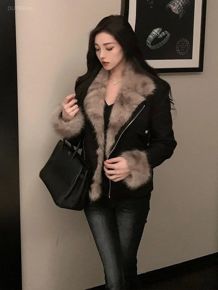 Black Fur One-piece Motorcycle Coat Women Autumn Winter New Cardigan Tops Japanese Y2k Vintage Loose Women's Jackets