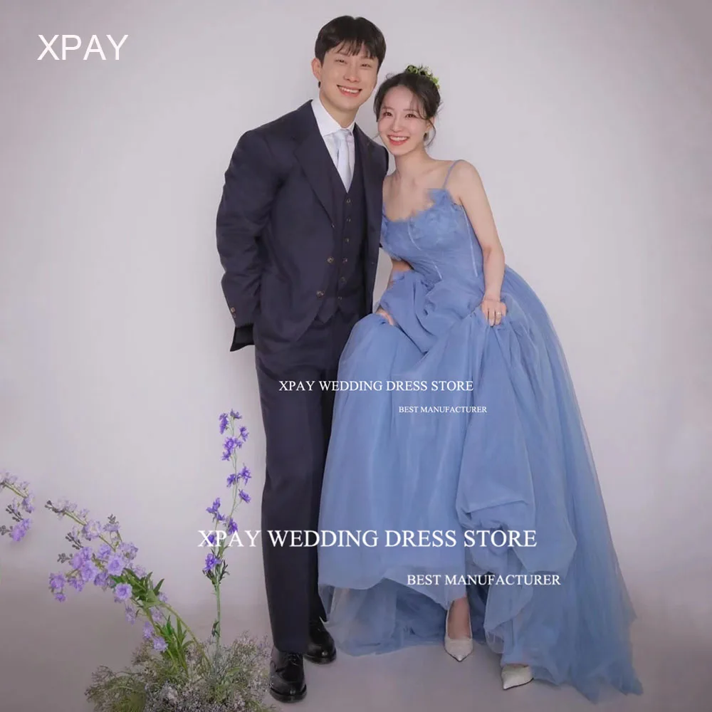 XPAY Elegant Blue Spaghetti Korea Evening Dresses A Line Wedding Photos Shoot Sleeveless Backless Customised Custom Prom Dress