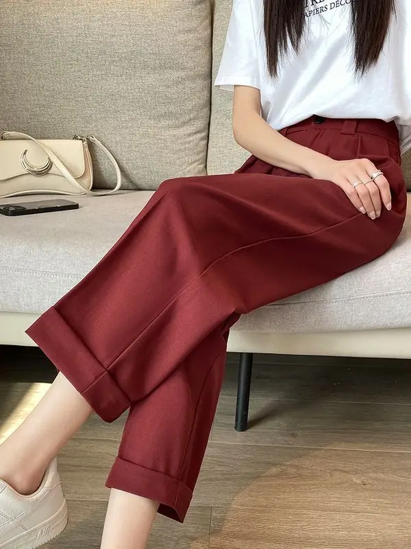 Red 7-point Straight Suit Pants For Women's Summer Thin High Waisted Versatile Casual Harlan Pants