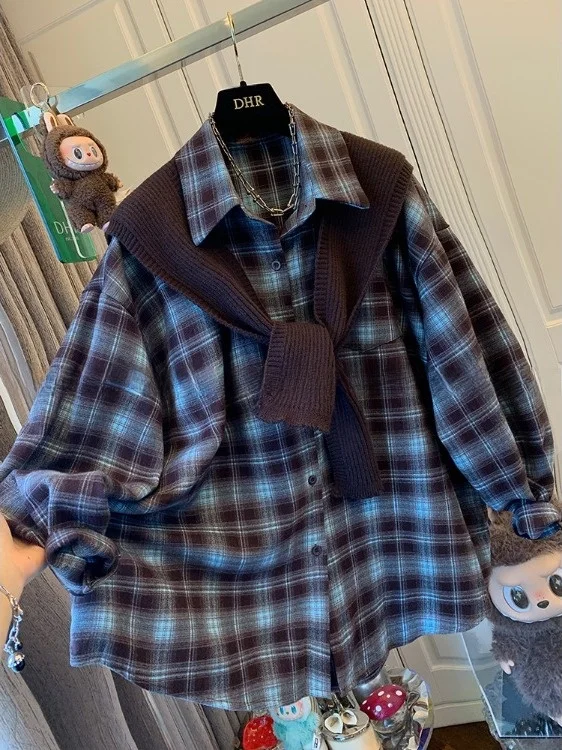 Cappotto con punteruolo lavorato a maglia scozzese retrò Allentato lungo Sve Capispalla autunno inverno da donna Falso set in due pezzi Colletto superiore con bottoni