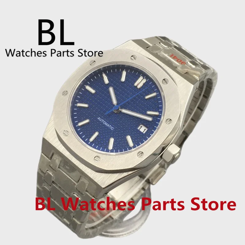 BLIGER 41mm Watch For Men NH35 Movement Octagon Steel Square Case Blue Green Silver Dial Luminous Hands Flat Sapphire Glass Date