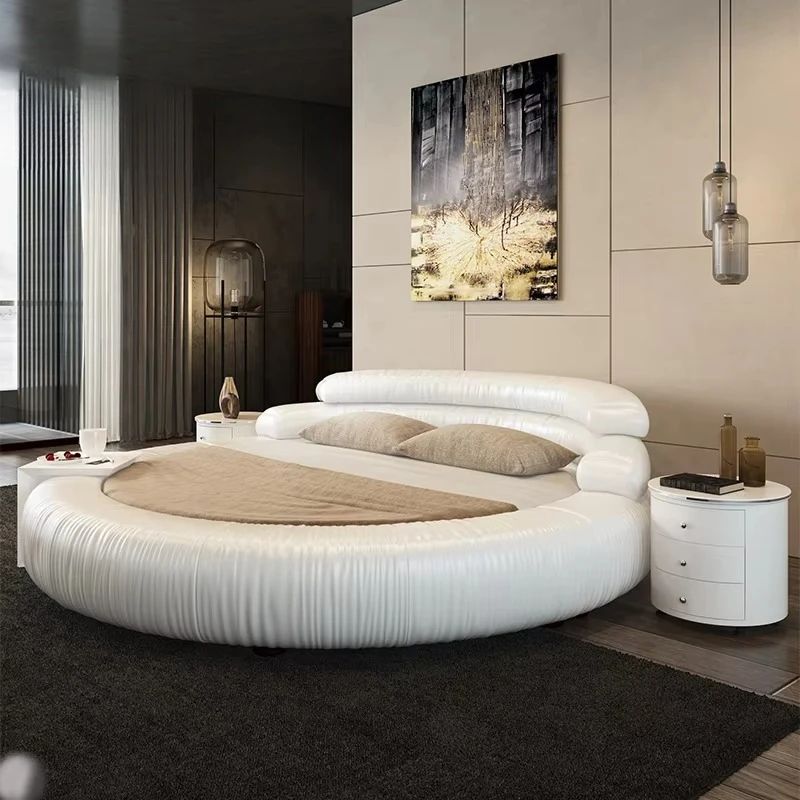 غرفة نوم رئيسية مزدوجة فاخرة بسيطة مع سرير دائري لحفلات الزفاف من الجلد الناعم على الإنترنت #6