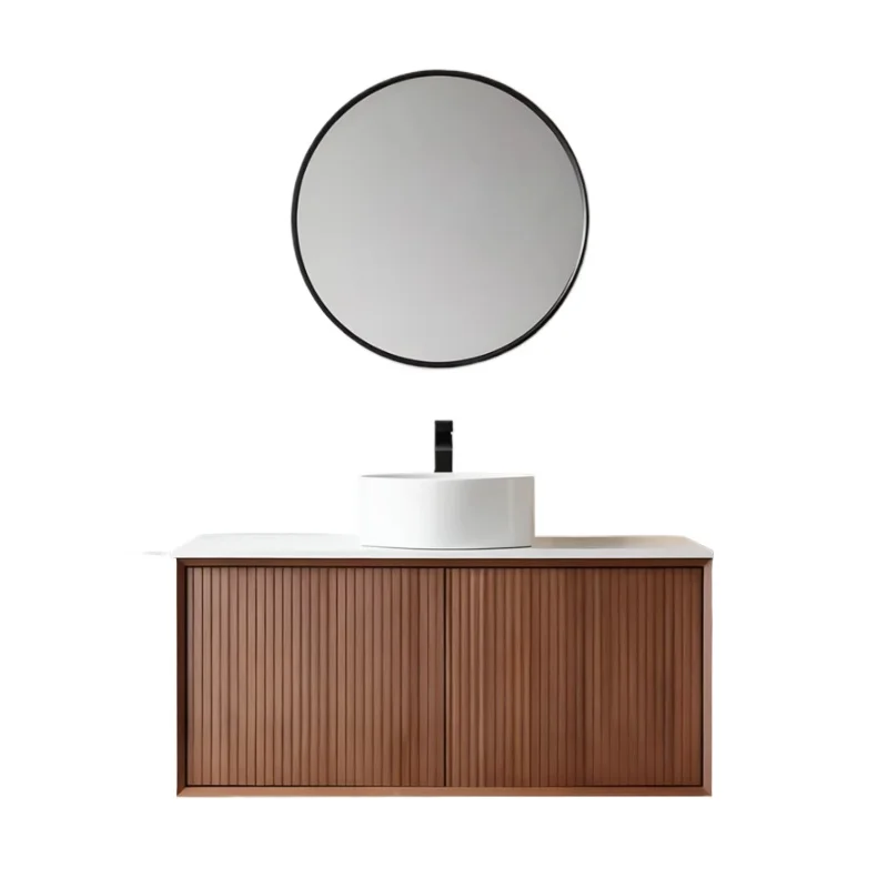 Solid wood bathroom cabinet marble countertop small apartment hanging cabinet washbasin hanging type