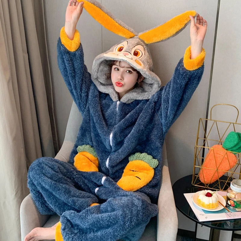 Uma peça pijamas para mulheres inverno adultos animal coelho onesies bonito dos desenhos animados com capuz coral velo sleepwear cosplay macacões