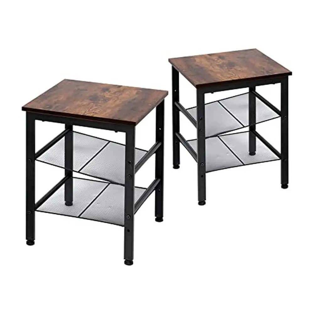 

Industrial Style Side Tables Set of 2 Mesh Shelves Stable Steel Frame Living Room Bedroom Easy Assembly & Adjustable Storage