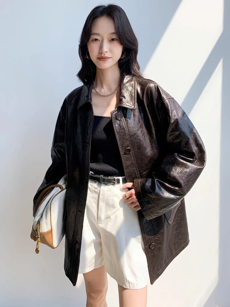 منتصف طول سترة واقية من الجلد الطبيعي سترات النساء الخريف الشتاء الراقية بسيطة فضفاضة الصلبة لينة النفط الشمع معطف جلد الغنم الحقيقي