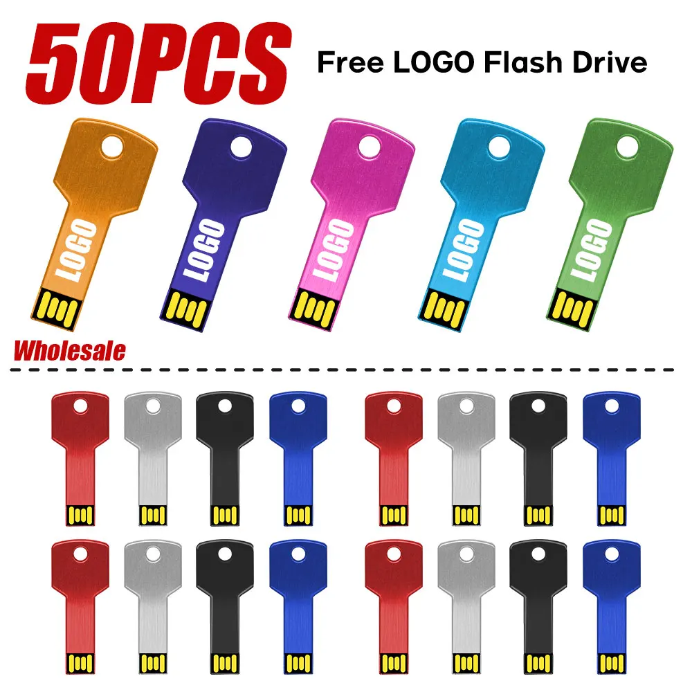 50PCS Personalized Logo USB Key Shape Pendrive 64G Metal Memory Stick 4GB 8GB Pendrive 32GB 16GB Usb Flash Drive Business Memory