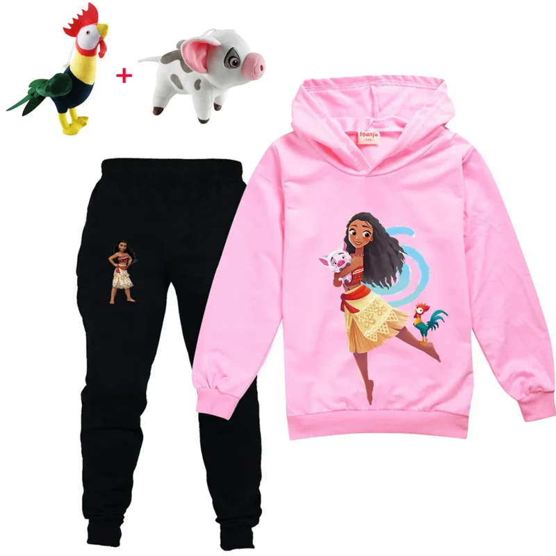 Moana-Conjunto de Sudadera con capucha de dibujos animados para niños, ropa de otoño y primavera, chándales con capucha para bebés, Tops y pantalones Vaiana para niñas de 2 a 15 años