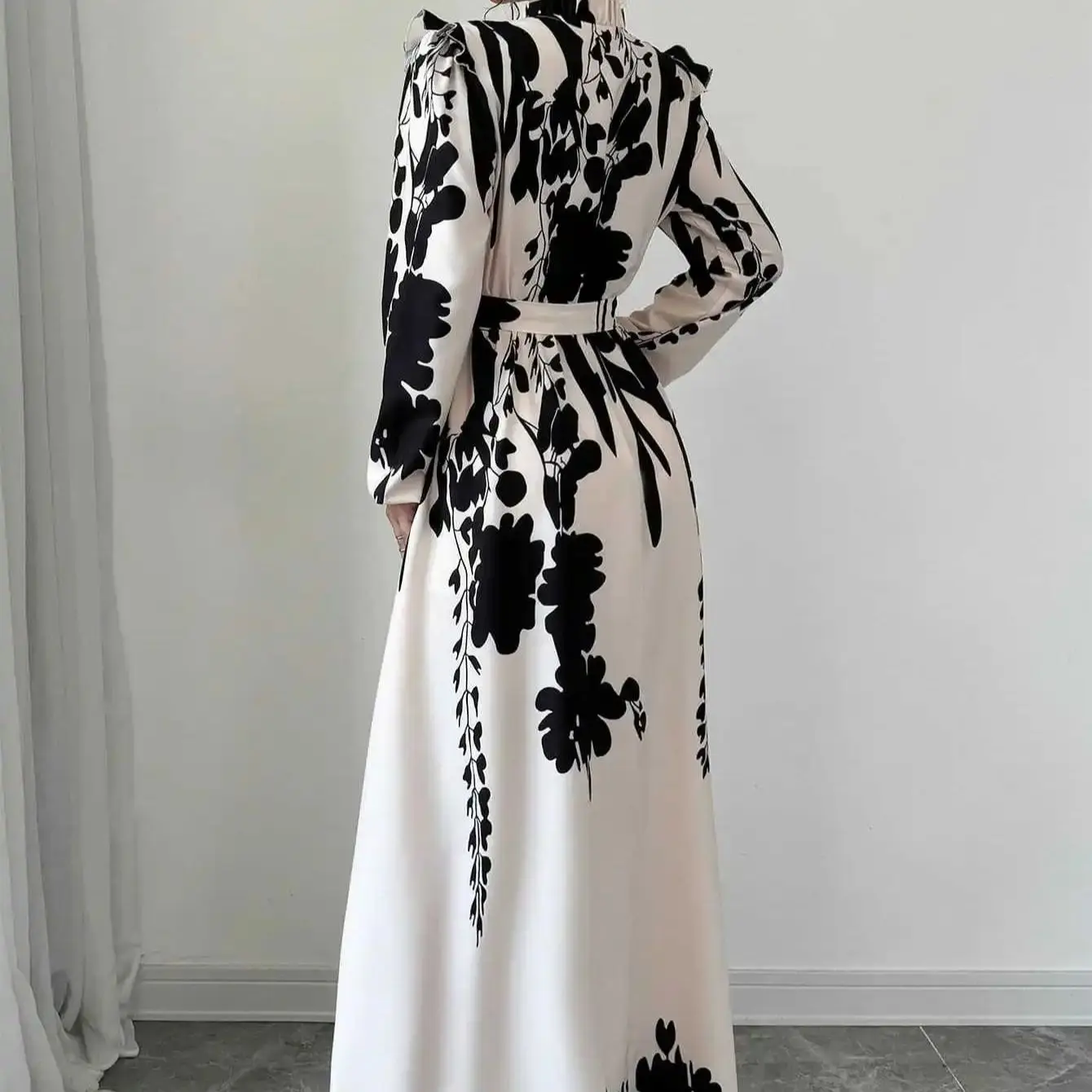 Dresses For Women Black And White Flowers Print Long Sleeve Ruffled Collar Elegant Dress Lace Up A-Line Dress 2026 Spring New view 3