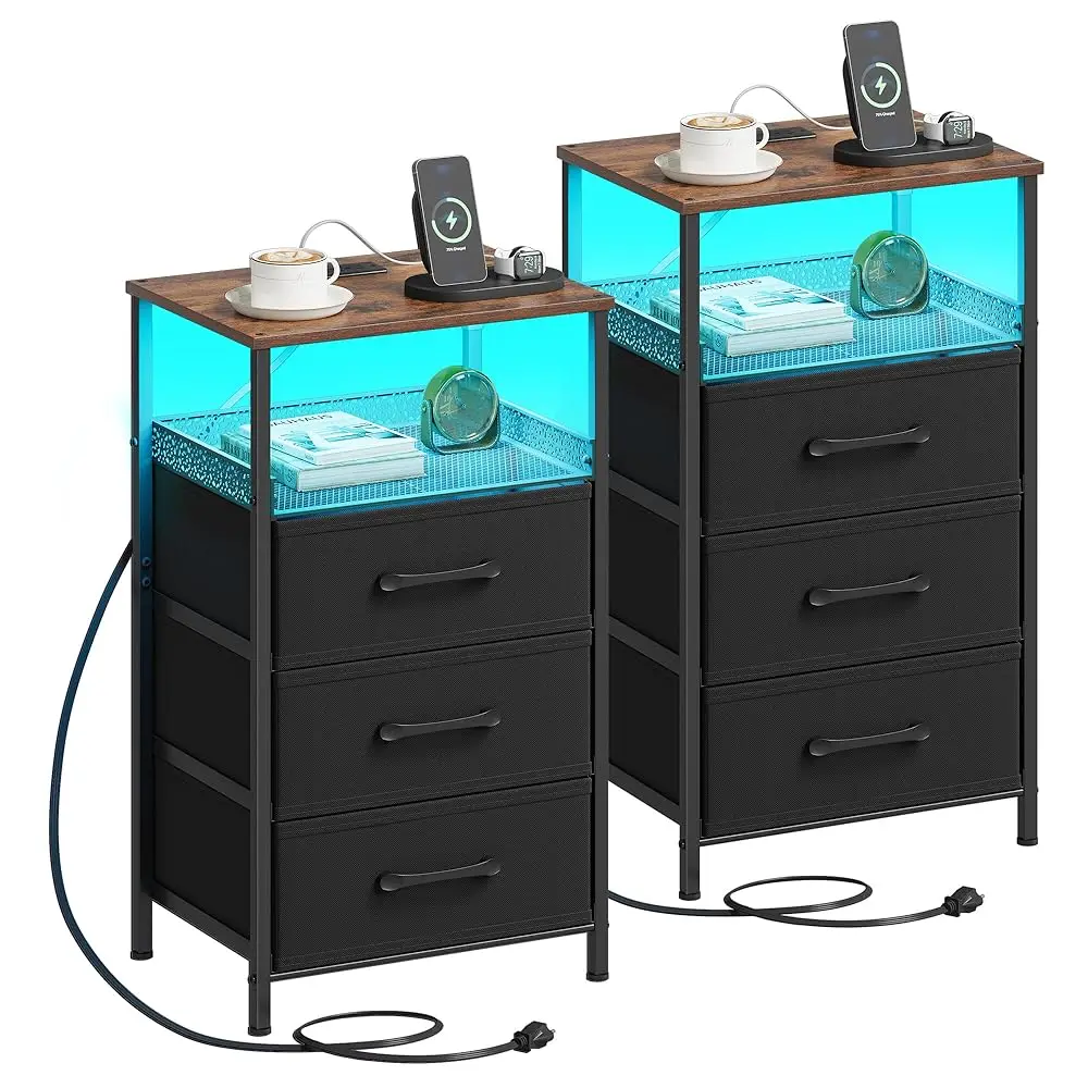

Night Stand Set 2 With Charging Station, 3 Drawer Nightstands With Led Lights, End Table With Outlets And Usb Ports, Side Table