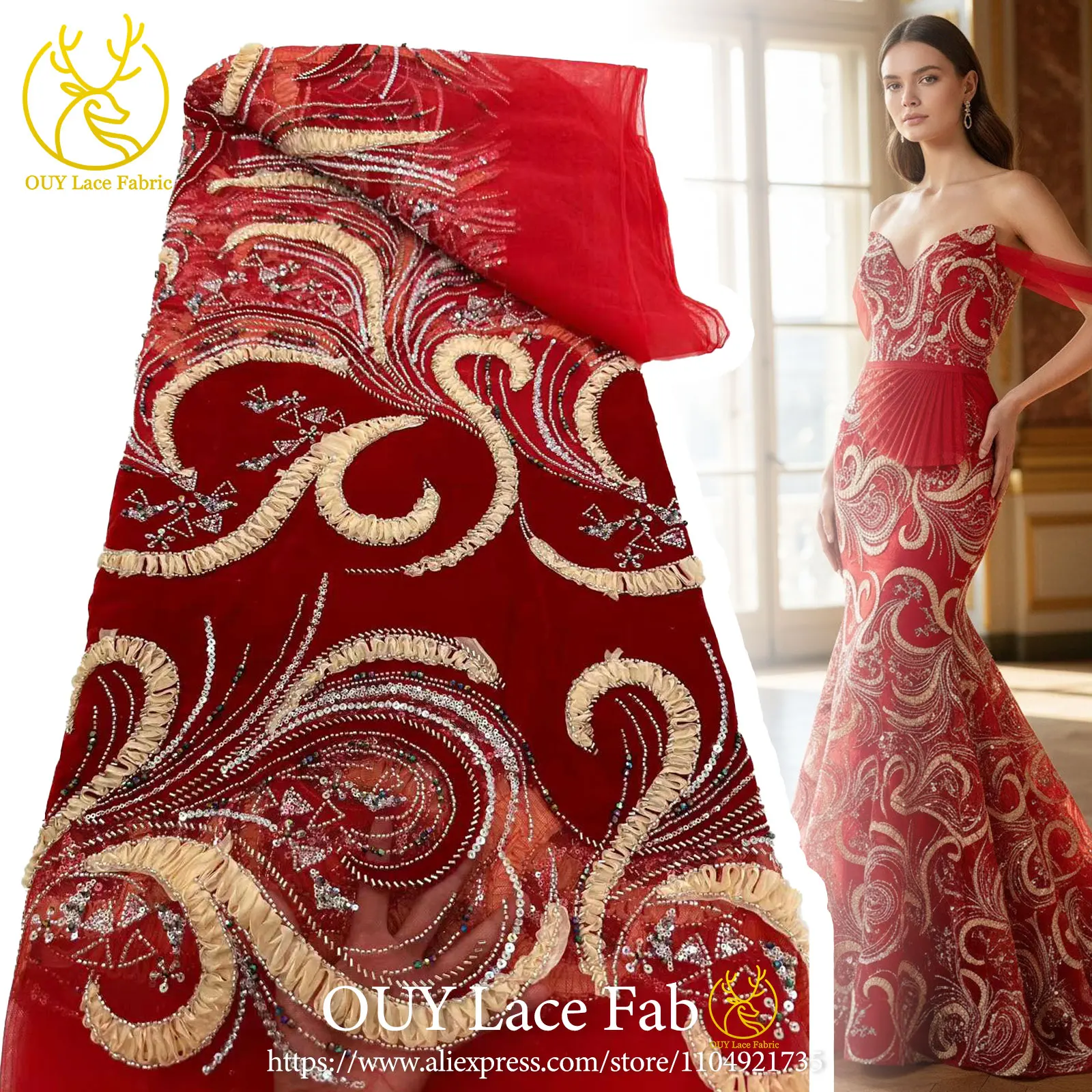 

Exquisite French Velvet Beaded Lace Fabric, 2026 Red African Groom Embroidered Sequined Fabric Wedding Party Dress Sewing