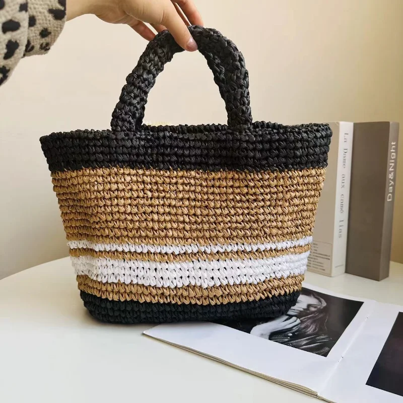 

Summer Casual Striped Straw Bag for Women French Style Paper Woven Handbag Bohemian Seaside Holiday Travel Tote Sacs à Main