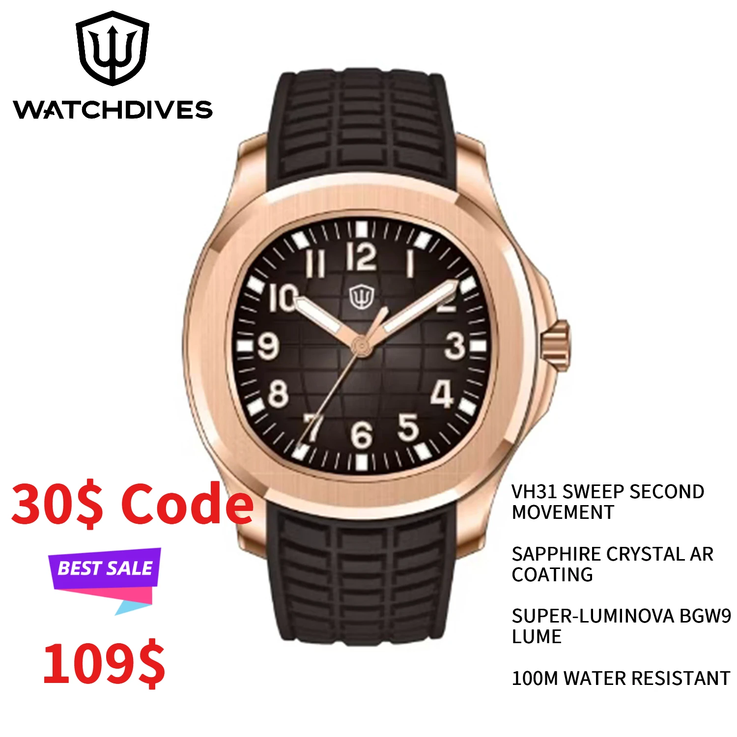Watchdives WD008 38 mm Quarzuhr VH31 Sweep Second Saphirglas 100 m wasserdicht BGW9 Lume 316L Stahl FKM-Armband