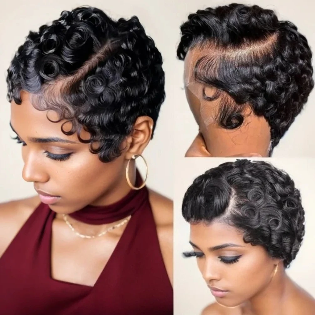 

Вьющиеся волны 13x4, прозрачный кружевной фронтальный парик, стрижка пикси, парик из человеческих волос для женщин, 150% плотность, 6 дюймов