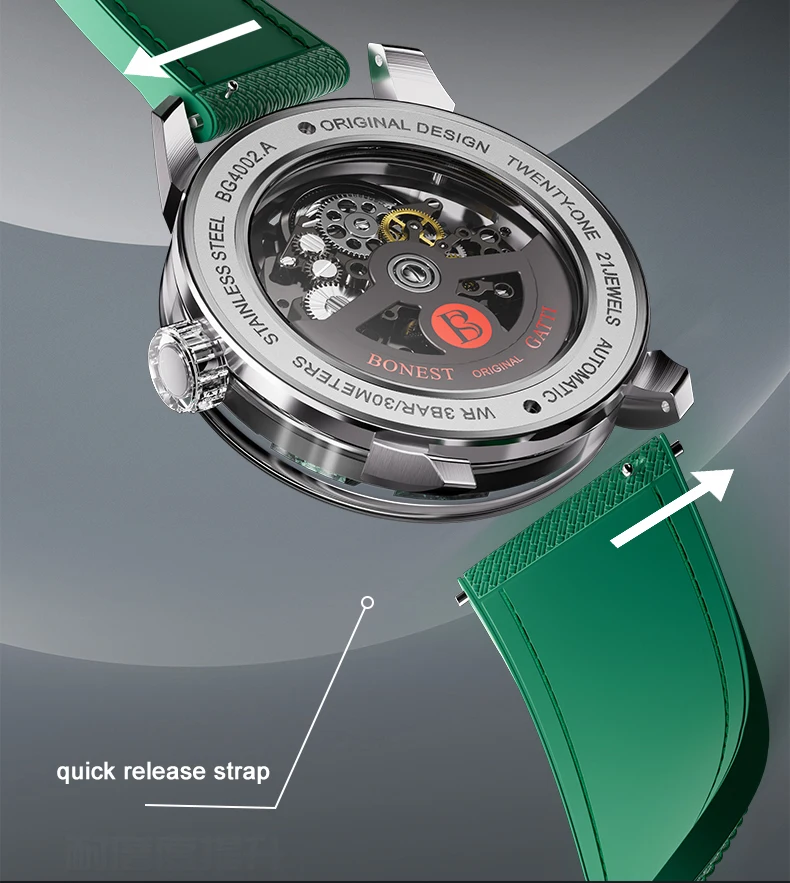 BONEST GATTI Мужские автоматические часы 44 мм Модные механические наручные часы Скелет из углеродного волокна Светящийся циферблат Сапфировое зеркало