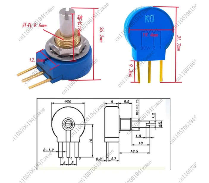 Accessories Single-turn Potentiometer POD20MP-1K, 2K, 4K7, 5K, 10K, 20K