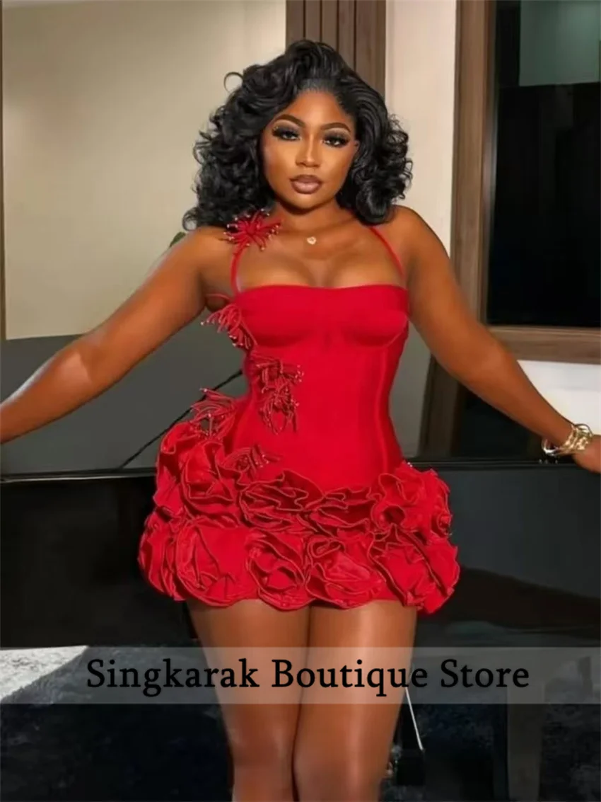 Red Birthday Dresses Baddie Black Girl Halter Neck Mini Prom Dresses Sweertheart Ruffles Wedding Party Dress Customized