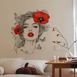 Red Flower Girl Vinyl Tile Wall Stickers For Kids Room Decor Wall Decor Furniture Sticker Adhesive Wallpaper Bedroom Accessories