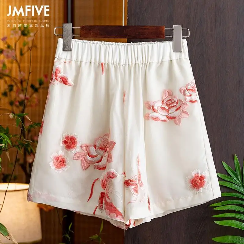 

Elastic Waist Ladies Office Lady Wide Leg Pants Summer New Vintage Embroidered High Waist Shorts Women Clothes All-match Pants