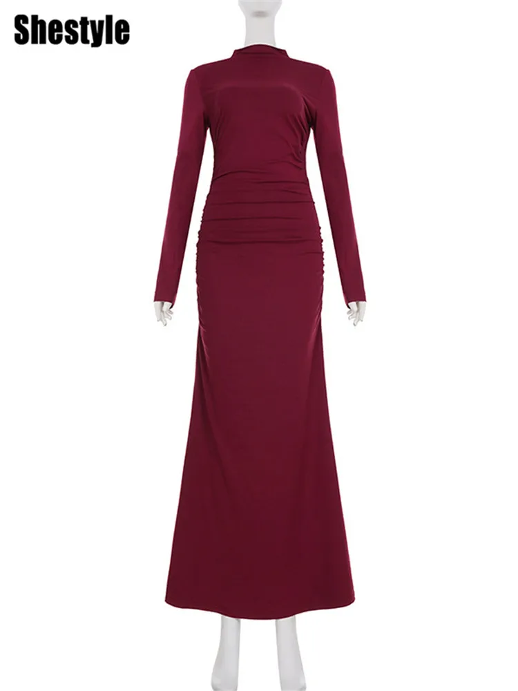 Shestyle claret a linha vestido longo feminino vermelho fino manga cheia sólido elegante simples macio confortável roupa meia alta pescoço novo
