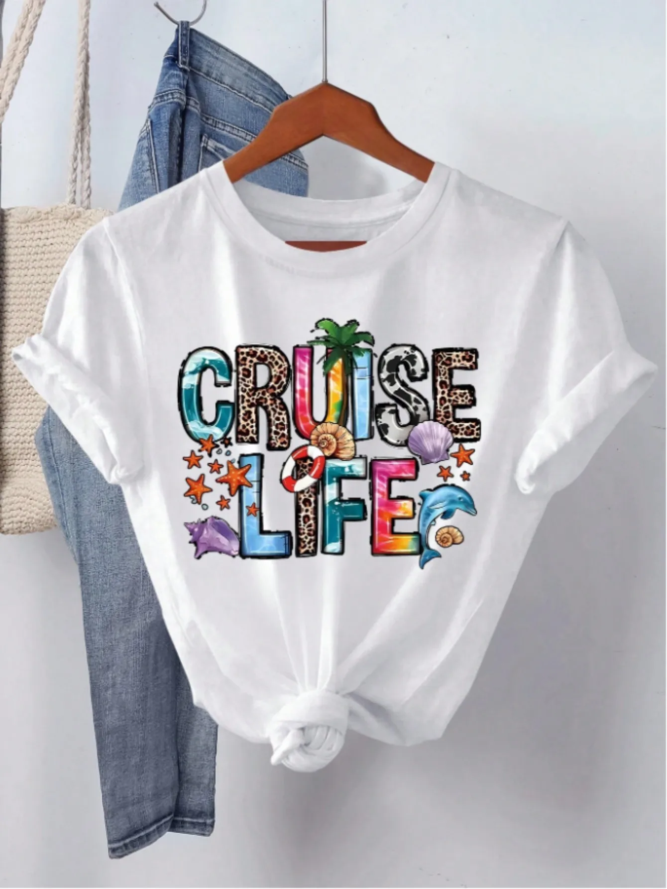 

CRUISE LIFE" Summer Vibe Letter Print T-Shirt, Hello Summer, Women's Round Neck Vacation Tee