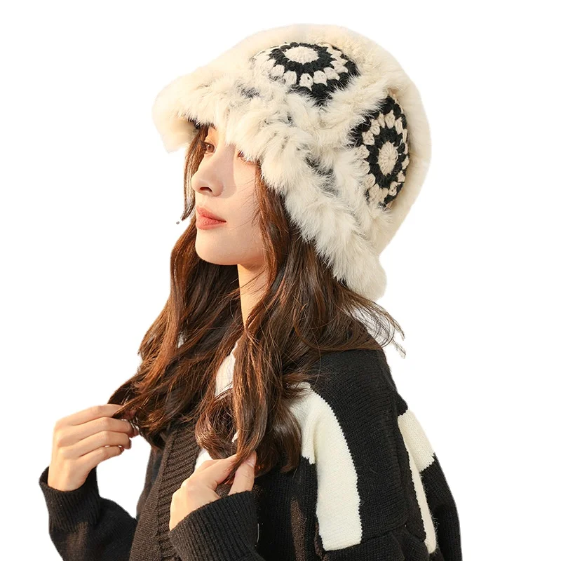 Women Winter Beanies Crochet Knit Real Rabbit Fur Panama Hats Foldable Luxury Furry Bucket Hat for Women Female Fisherman Hat