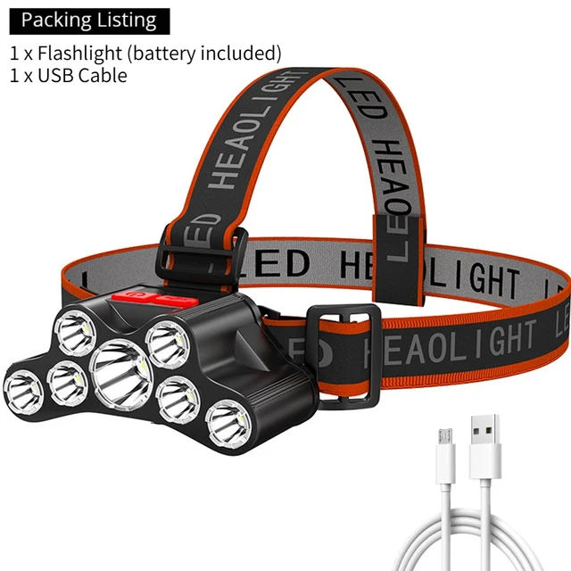 Lampe torche 7 LED rechargeable par USB, 4 modes, pour camping, cyclisme, éclairage frontal