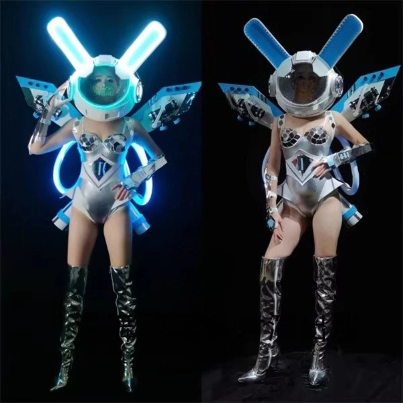 Sexy Mirror Sequins Silver Bodysuit Nightclub Gogo Dance Costume Adult Female Technology Sense Dancewear Dj Ds Rave Outfit