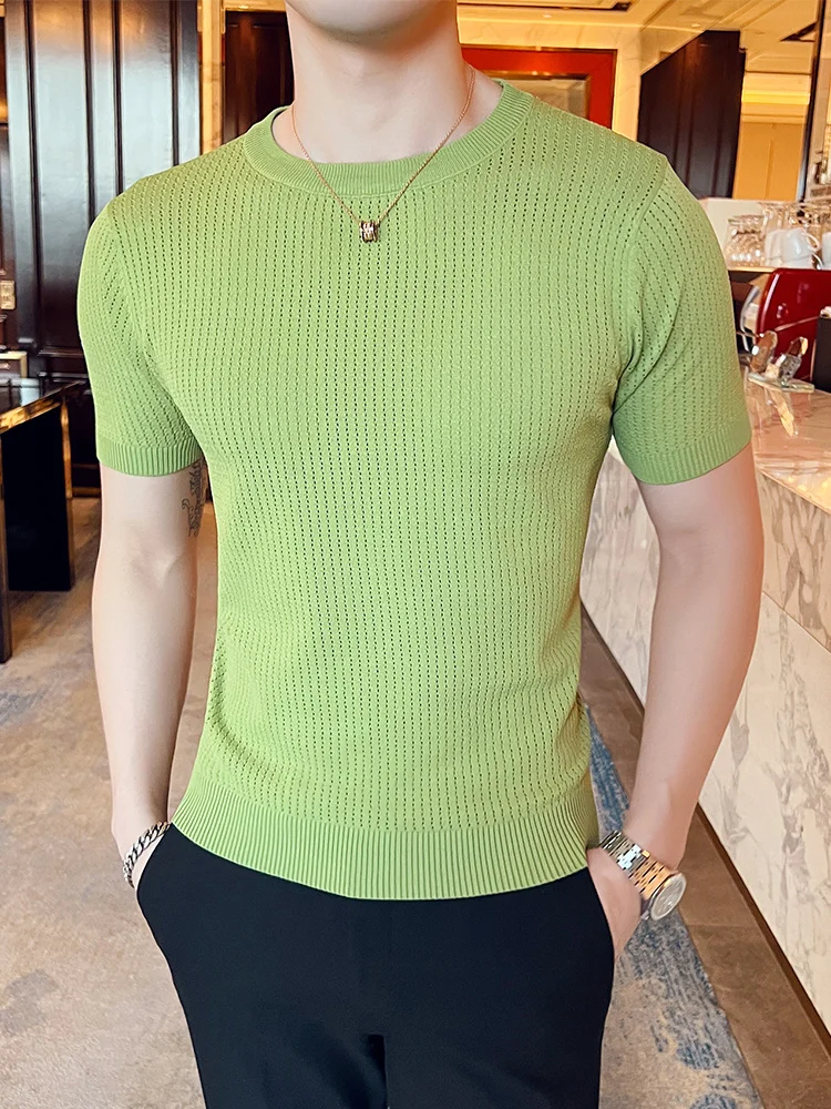 

Ice Silk Knitted Slim Fit ort Sve T-irt round Ne Hollow out Base irt Large Size Fitn Trendy Brand Summer Top