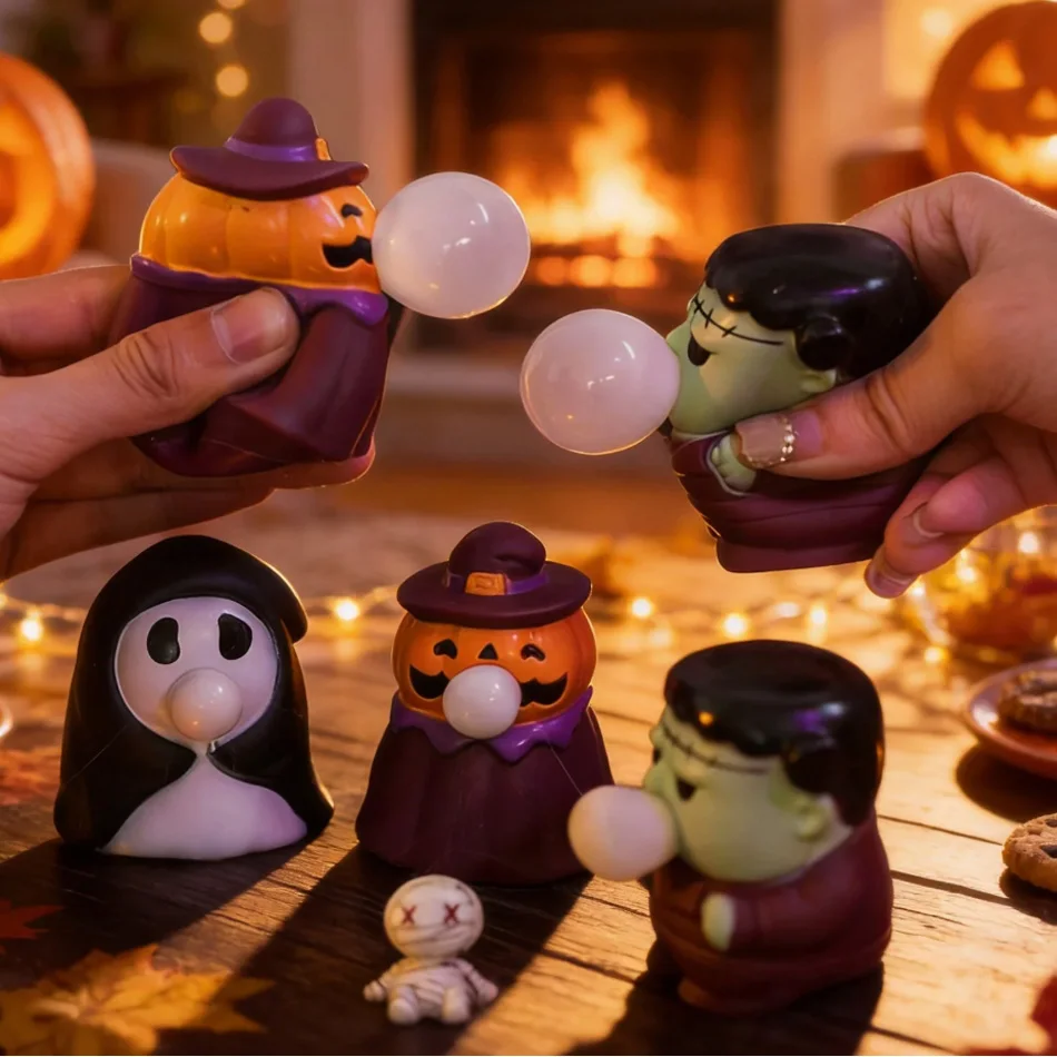 Halloween Squishy Stress Relief Toys Bubble-Blowing Pumpkin Ghost & Frankenstein Figures Decorative Ornaments Squeeze Toys Gifts