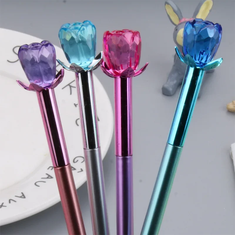 

36PCS Metal Crystal Rose Gel Pens Metal Pen Floret Cap Black Water Pen Stationery Kawaii School Supplies