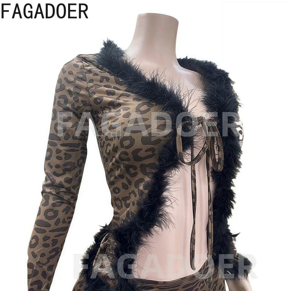 Fagadoer leopardo impressão sexy conjunto de duas peças para as mulheres rendas até pele retalhos colheita topo + mini saia terno feminino streetwear primavera nova