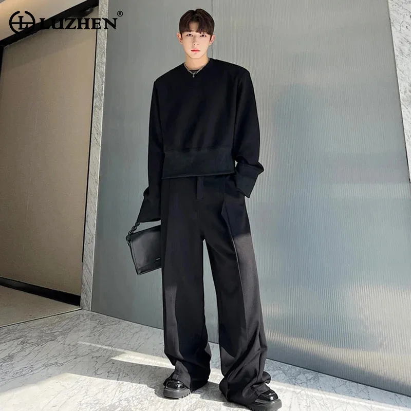 LUZHEN 2024 Autumn Elegant Solid Color Two-piece Sets Men's Loose Casual Straight Pants Long Sleeve T Shirts Shoulder Pad LZ2661