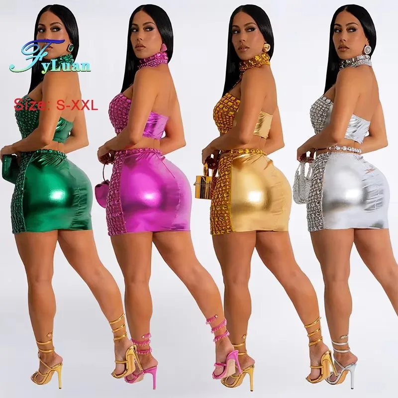 2025 Set di gonne sui fianchi del pacchetto delle donne di moda Set con decorazioni di diamanti Ladies Wrap Busto senza spalline Set di due pezzi Abiti da ballo da discoteca