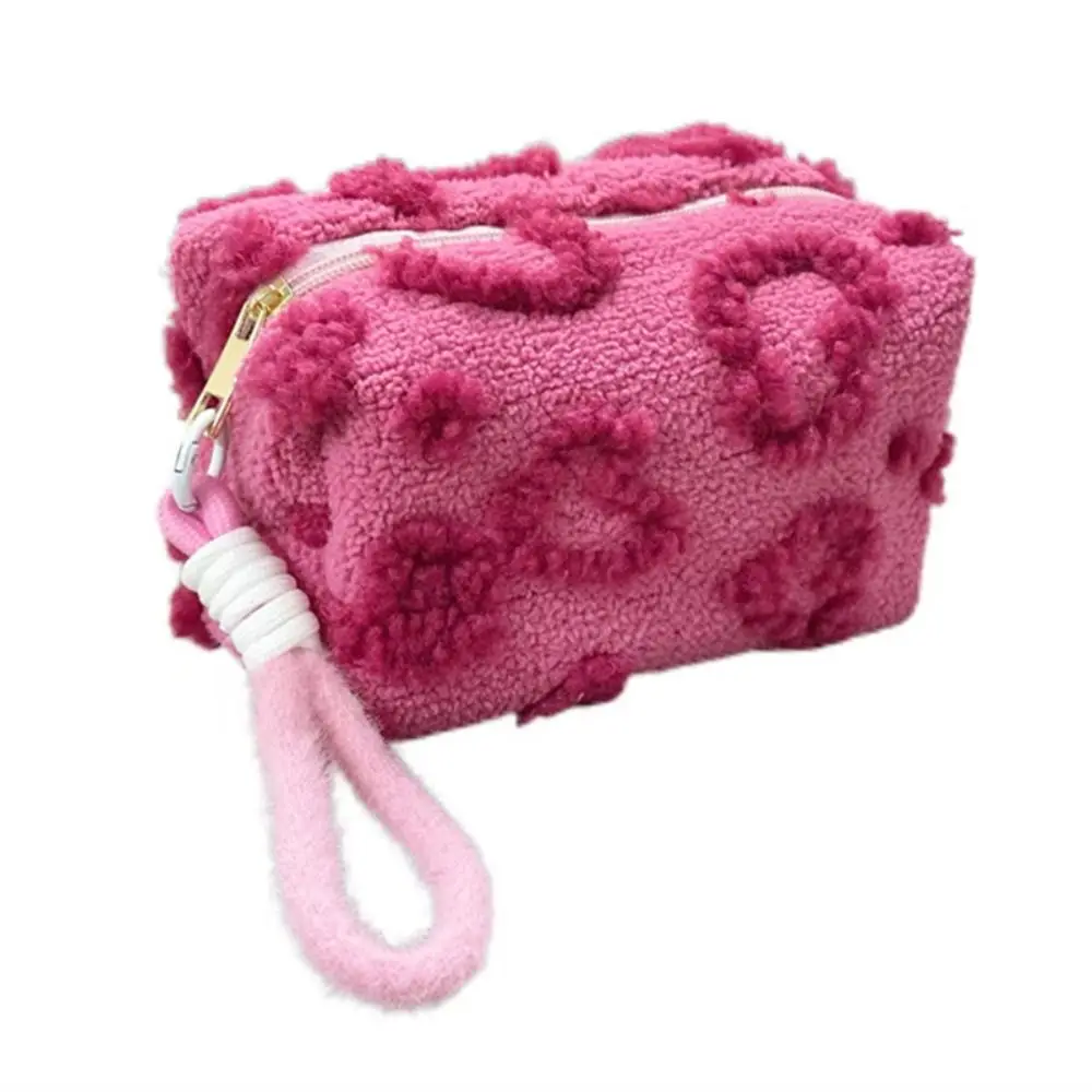 Sweet Plush Love Heart Plush Makeup Bag With Handle Large Capacity Cosmetic Bag Travel Organizer Portable Toiletry Bag Cream