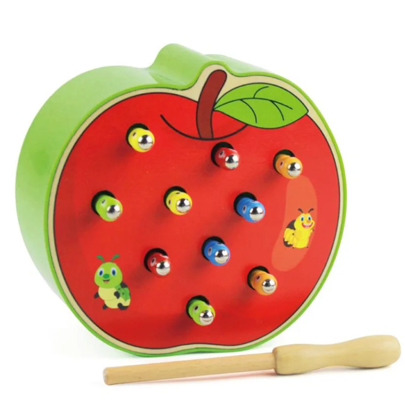 Juguete de captura de madera con forma de fruta para niños, juego de gusanos de colores, palo magnético, juguete interactivo para niños, regalo para niños y niñas