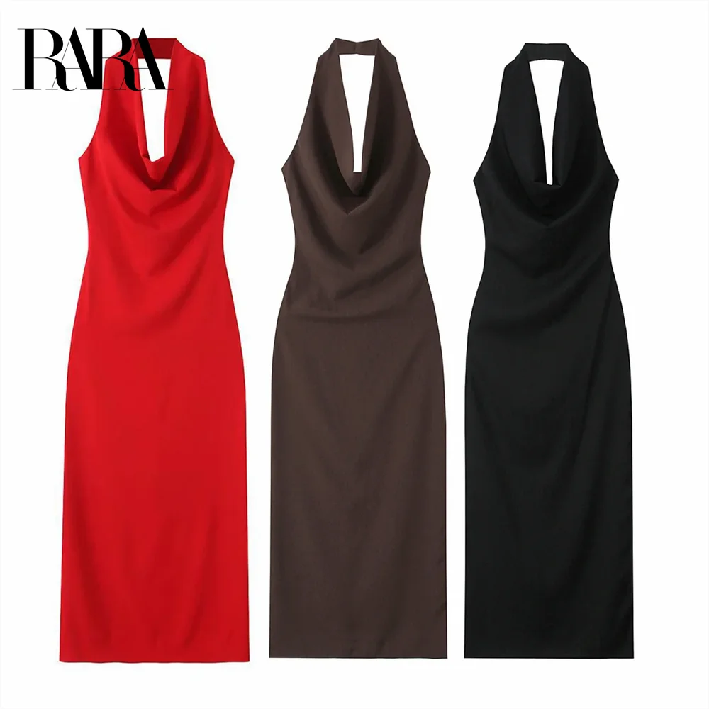 

2025 RARA Women's Halter - neck Cowl - neck Midi Dresses in Red Brown and Black for a Stylish and Sophisticated Look